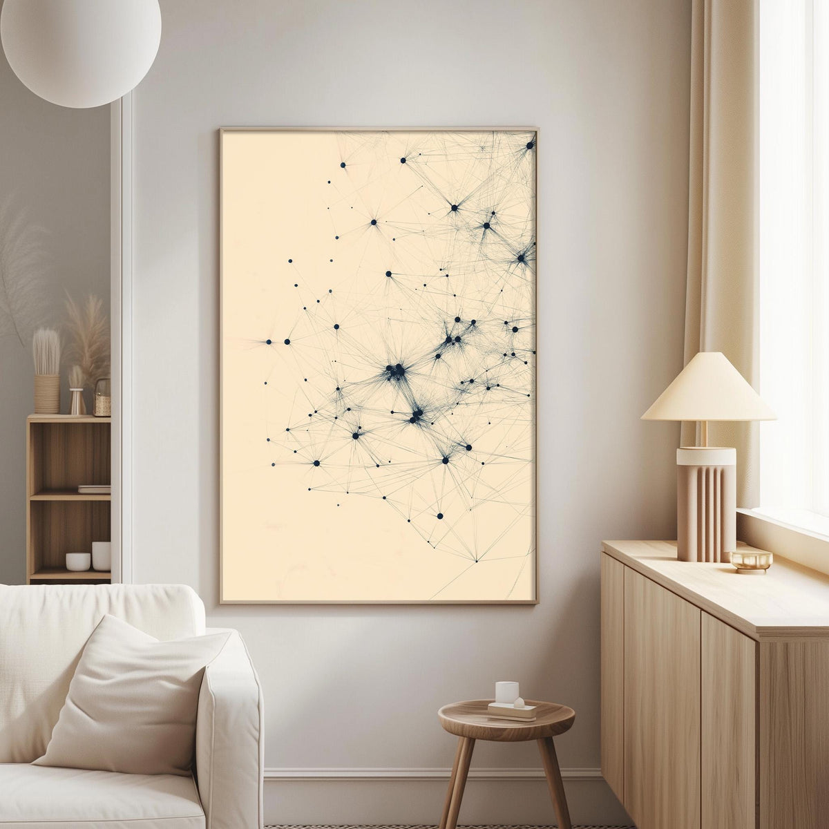 a living room with a white sofa, a wooden side table, and a framed abstract artwork hanging on the wall.