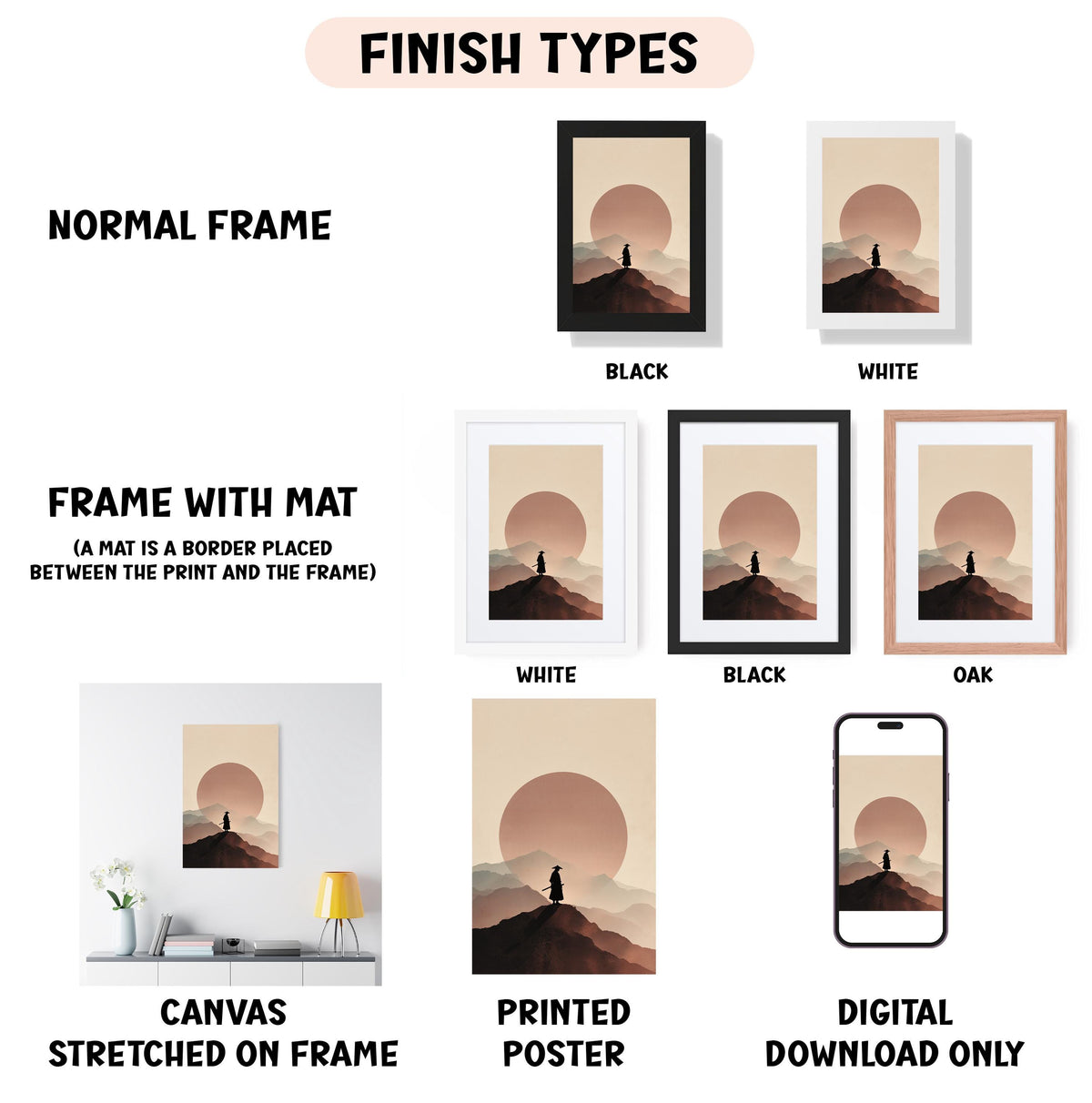 various framed artworks, including a canvas stretched on a frame, a framed poster, and a digital download of a poster. The artworks are presented in different frame types, such as normal frame, black frame, white frame, and oak frame. The artworks depict a sunset scene, with a person standing on a mountain. The artworks are labeled with their respective frame types and descriptions, such as "NORMAL FRAME" and "FRAME WITH MAT (A MAT IS A BORDER PLACED BETWEEN THE PRINT AND THE FRAME)".