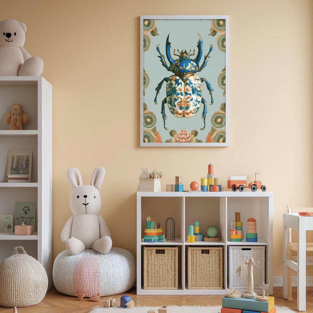 A child's bedroom with a white bookshelf, a stuffed rabbit, a toy train, and a framed picture of a colorful beetle on the wall.