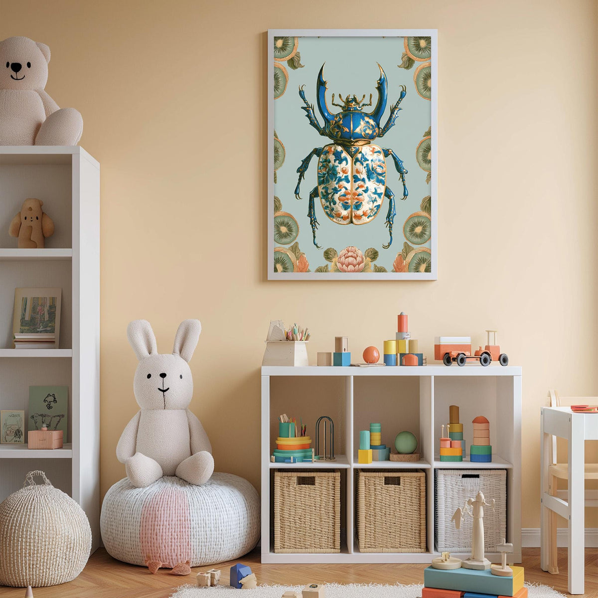 A child's bedroom with a white bookshelf, a stuffed rabbit, a toy train, and a framed picture of a colorful beetle on the wall.