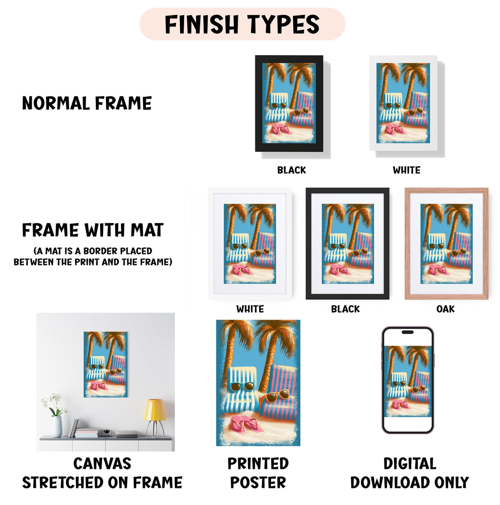 various framed artworks, including a canvas stretched on a frame, a printed poster, and a digital download. The artworks are labeled with different finish types, such as "NORMAL FRAME", "FRAME WITH MAT", "WHITE", "BLACK", "BLACK OAK", and "DIGITAL DOWNLOAD ONLY". The artworks are displayed in different frames, such as a black frame, a white frame, and a black frame. The artworks are also described as "CANVAS STRETCHED ON FRAME", "PRINTED POSTER", and "DIGITAL DOWNLOAD ONLY".
