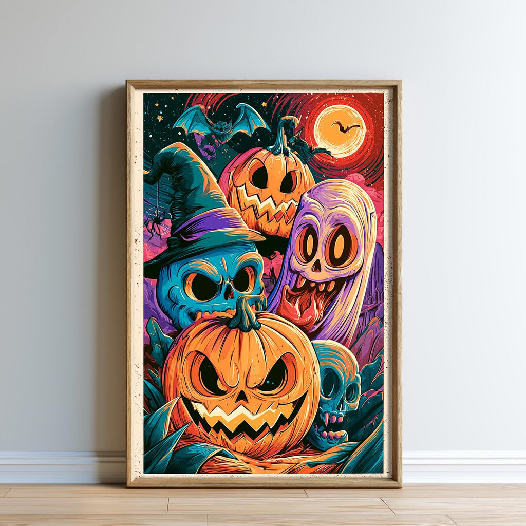 The image is a vibrant and colorful illustration featuring a group of spooky Halloween-themed characters, including a witch, a pumpkin, a ghost, and a skeleton, all set against a backdrop of a full moon and bats.