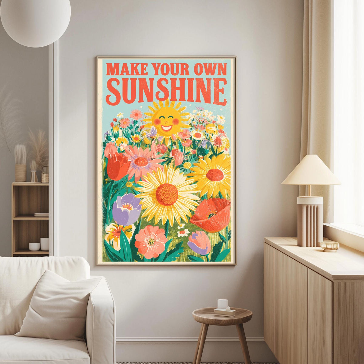 a poster with a cheerful, colorful illustration of flowers and a sun, hanging on a wall in a living room.