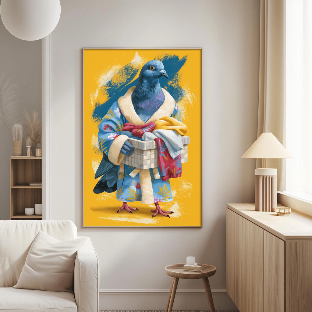 a vibrant painting of a pigeon dressed in a colorful robe, holding a basket filled with clothes, set against a bright yellow background.