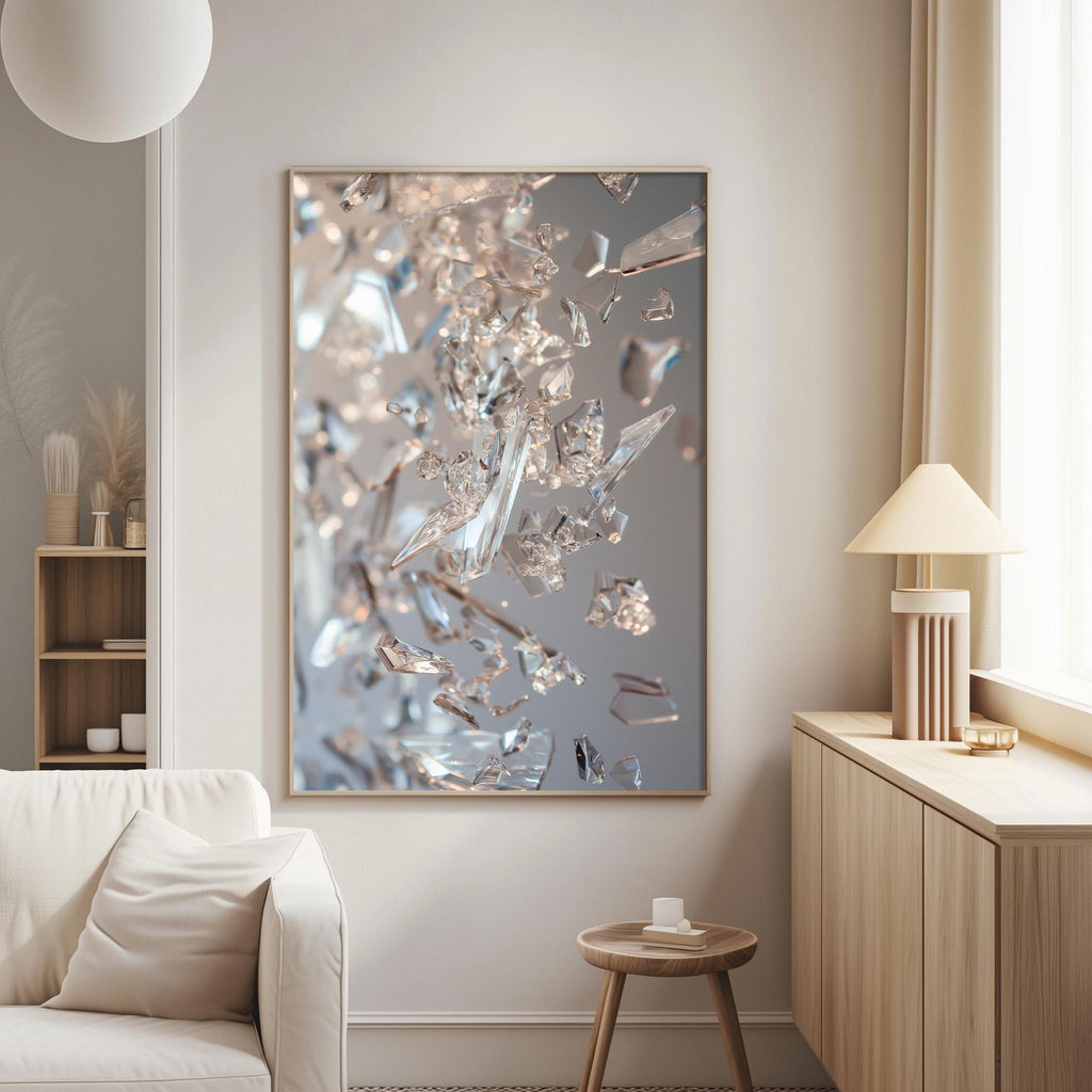 a modern living room with a large, abstract glass artwork hanging on the wall. The artwork features a mix of clear and transparent glass pieces, creating a visually striking and dynamic composition. The room is furnished with a white sofa, a wooden side table, and a lamp, contributing to the overall minimalist and contemporary aesthetic.