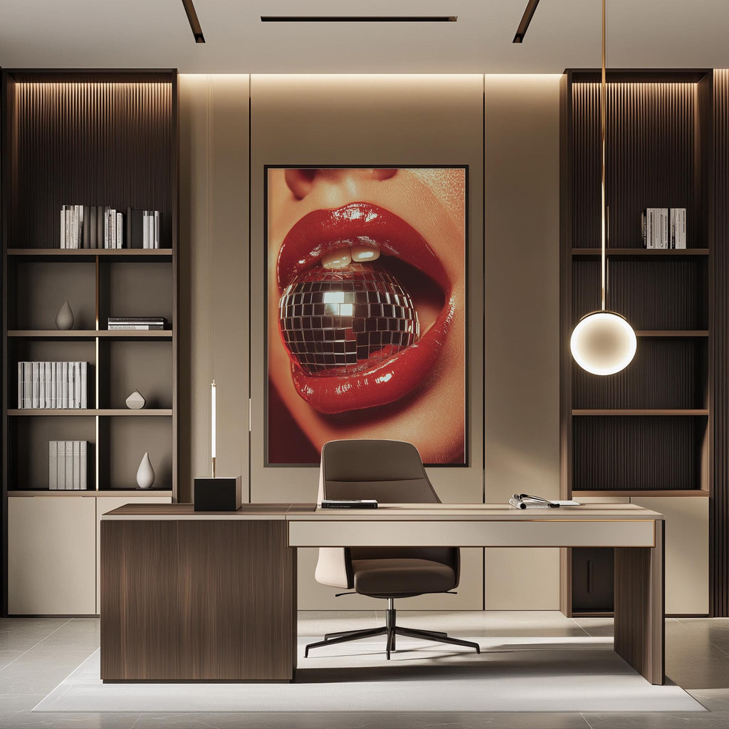 a modern office space with a large framed picture of a woman's lips on the wall, a desk with a chair, and a bookshelf with books and decorative items.