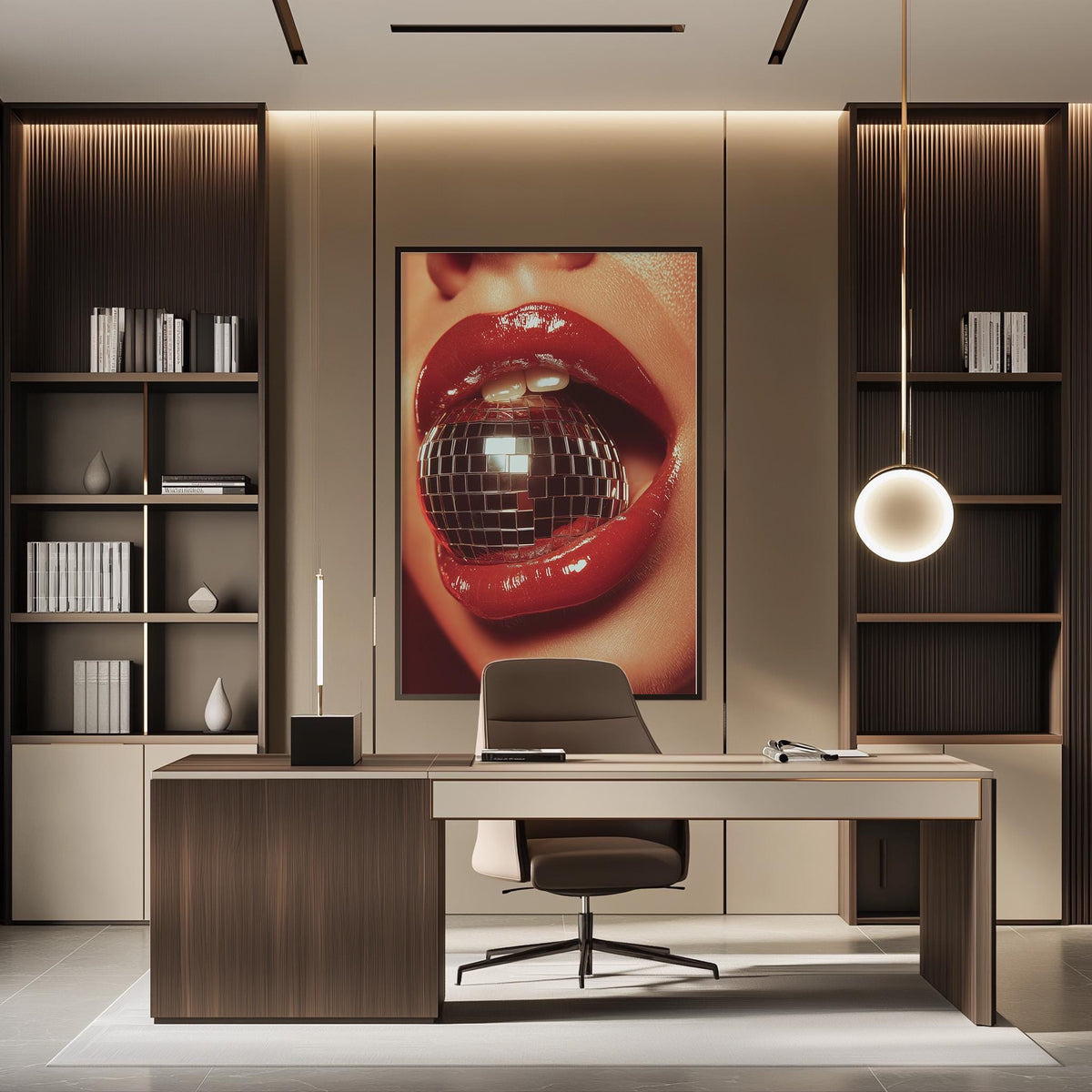 a modern office space with a large framed picture of a woman's lips on the wall, a desk with a chair, and a bookshelf with books and decorative items.