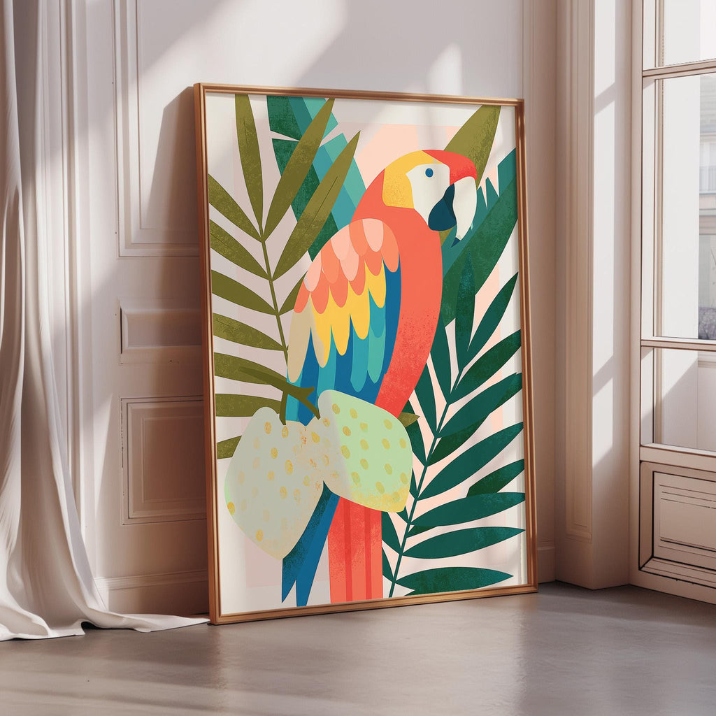 A framed print of a colorful parrot surrounded by tropical foliage, such as palm leaves, is displayed on a wall in a room with sunlight streaming in through a window.