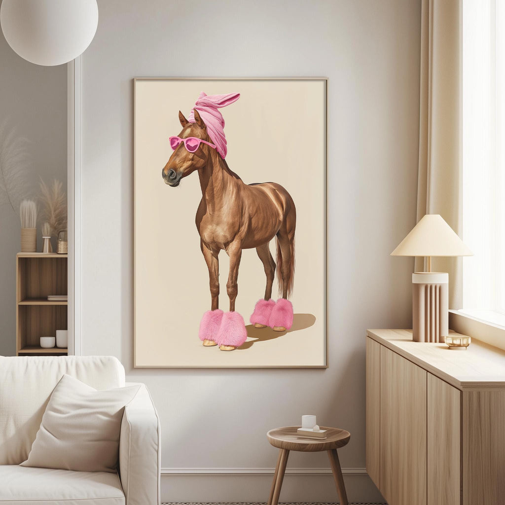a brown horse wearing pink sunglasses and pink fuzzy slippers, standing on a wooden floor in a living room setting.