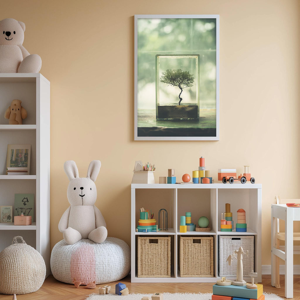 A cozy children's room with a white bookshelf, a plush rabbit, and a toy train set. The room has a warm, inviting atmosphere with a framed picture of a tree on the wall.