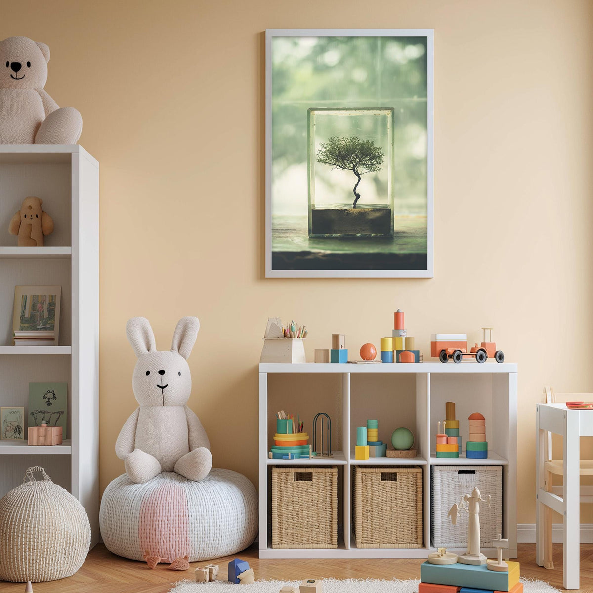 A cozy children's room with a white bookshelf, a plush rabbit, and a toy train set. The room has a warm, inviting atmosphere with a framed picture of a tree on the wall.