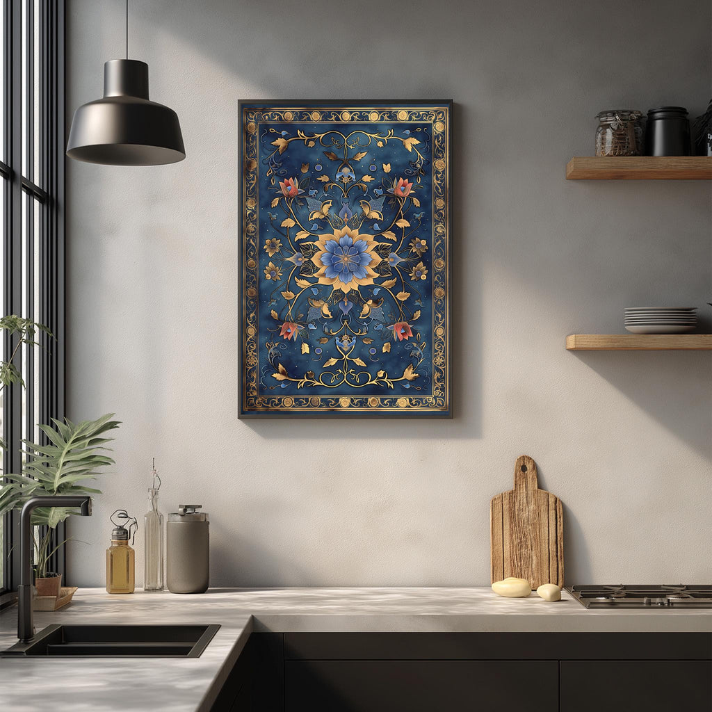 a kitchen counter with a framed picture hanging above it, a wooden cutting board, and various kitchen items such as a bottle, a vase, and a bowl.