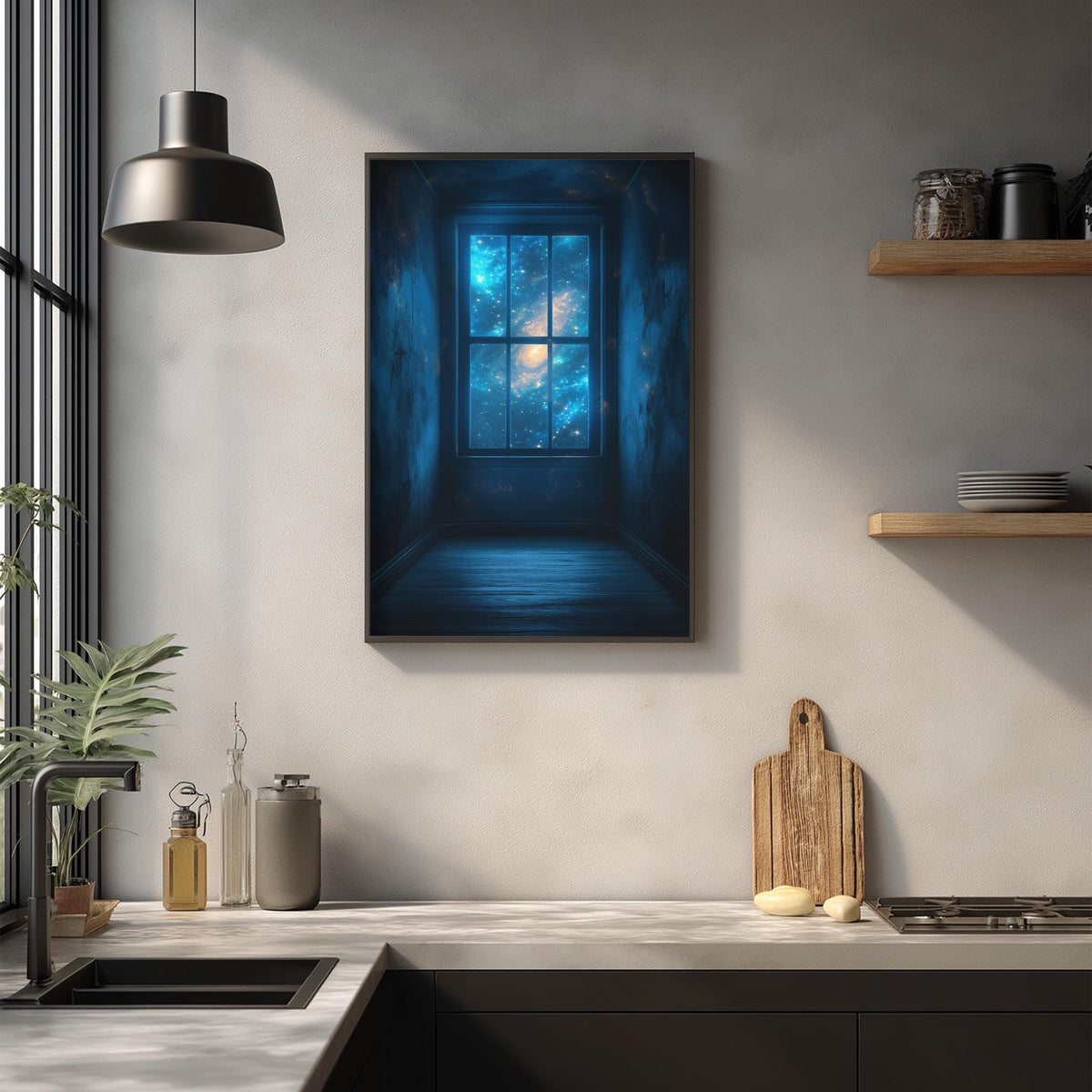 a kitchen counter with various kitchen items, including a cutting board, a sink, and a plant. Above the counter, there is a framed picture of a window with a view of a starry night sky, creating a serene and dreamy atmosphere in the kitchen.