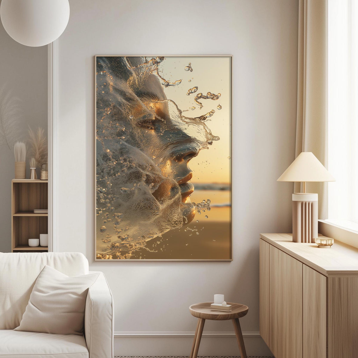 a large framed artwork depicting a woman's face with water splashing around it, hanging on a wall in a living room setting.