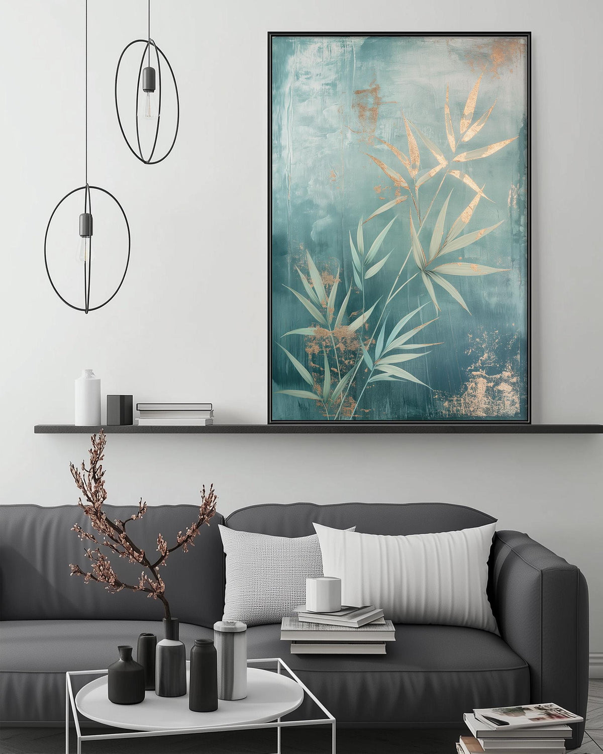 a modern living room with a gray sofa, a coffee table, and a large abstract painting hanging on the wall above the sofa.