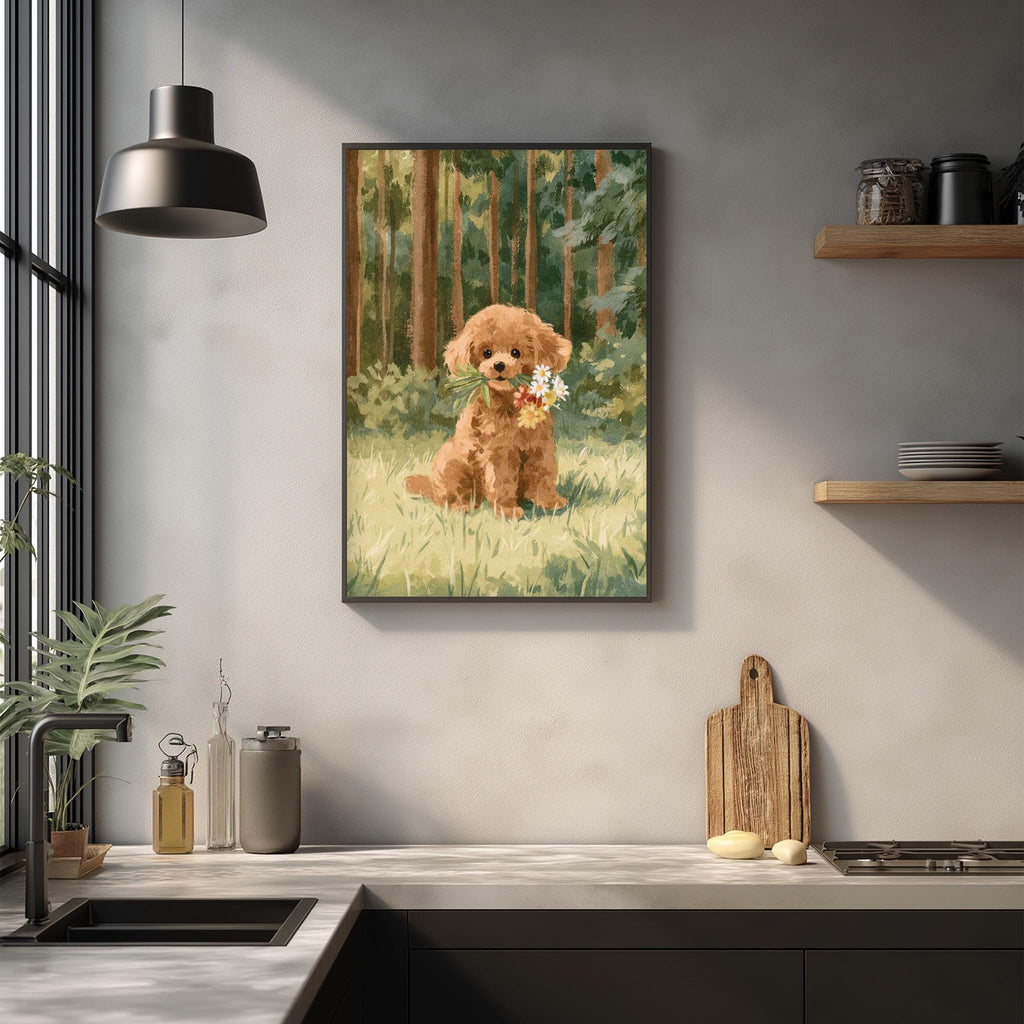 a framed painting of a brown dog sitting in a grassy field, holding flowers in its mouth.