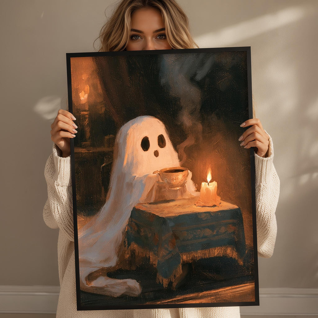 A woman holds up a framed painting depicting a ghost sitting at a table with a lit candle, creating a spooky and eerie atmosphere.