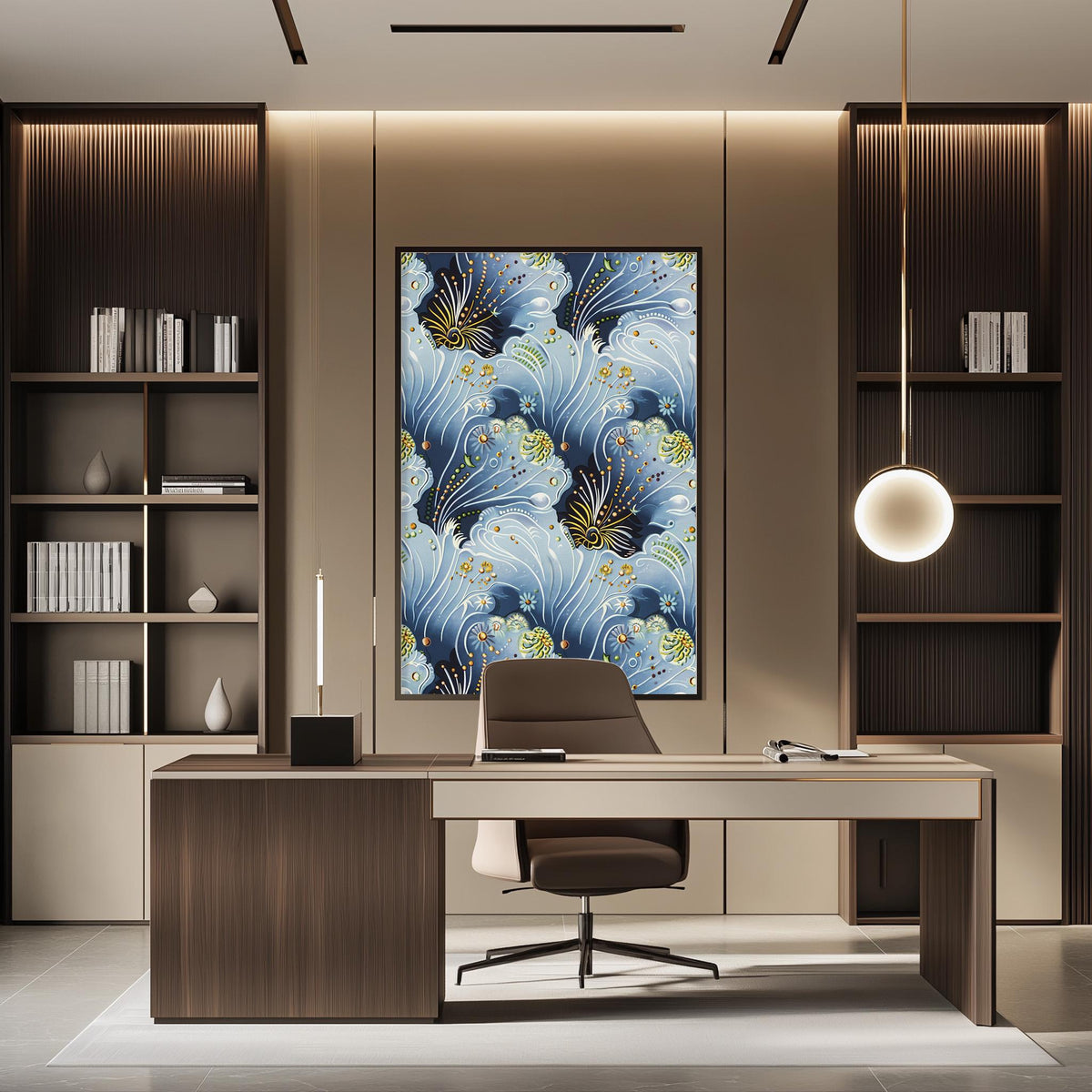 a modern and stylish office space with a large, colorful abstract painting on the wall behind a desk. The desk has a brown leather chair and is positioned in front of the painting, creating a visually appealing workspace.