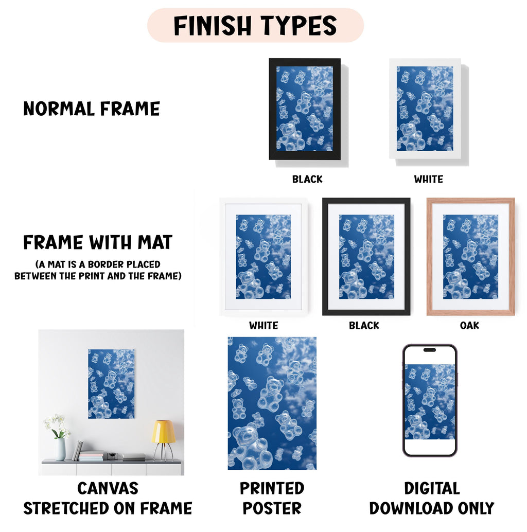 various framed artworks, including a canvas stretched on a frame, a framed poster, and a digital poster. The artworks are presented in different frame colors and styles, such as a normal frame, a black frame, a white frame, and an oak frame. The artworks are described as "NORMAL FRAME," "FRAME WITH MAT (A MAT IS A BORDER PLACED BETWEEN THE PRINT AND THE FRAME)," "CANVAS STRETCHED ON FRAME," "PRINTED POSTER," and "DIGITAL DOWNLOAD ONLY."