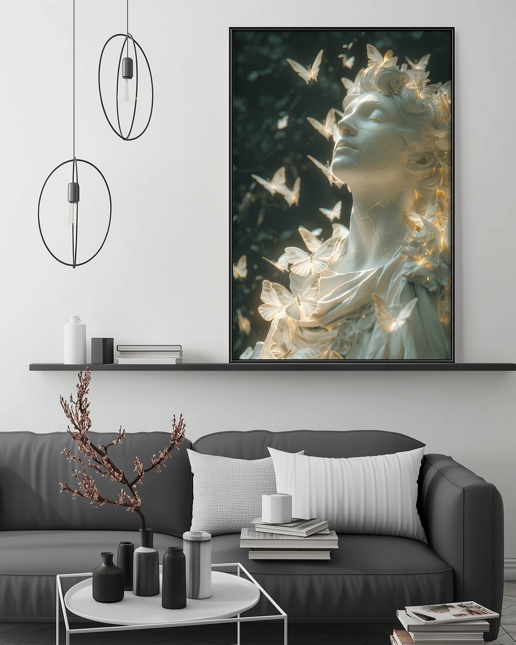a large framed artwork depicting a woman with a butterfly-like design on her hair, hanging above a gray couch in a modern living room setting.