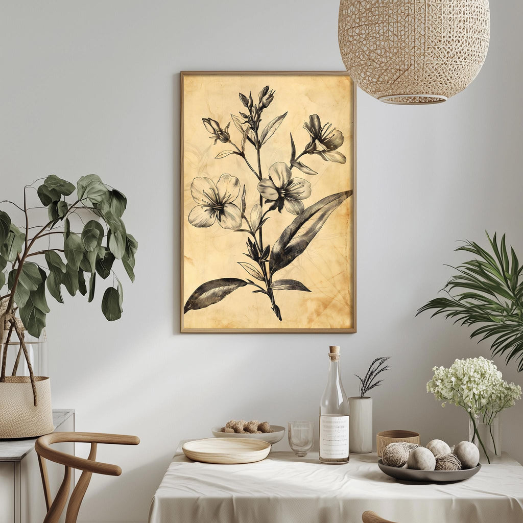 Vintage Botanical Print - Sepia Floral Wall Art Antique Flower Print for Living Room