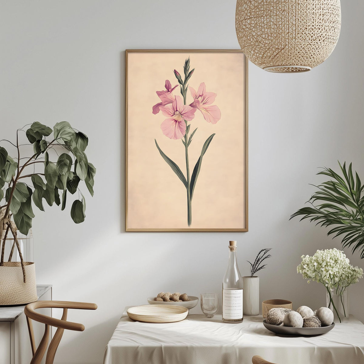 a dining table with a white tablecloth, a bowl of fruit, a bottle, and a vase with flowers. A framed print of a pink flower is hanging on the wall above the table.