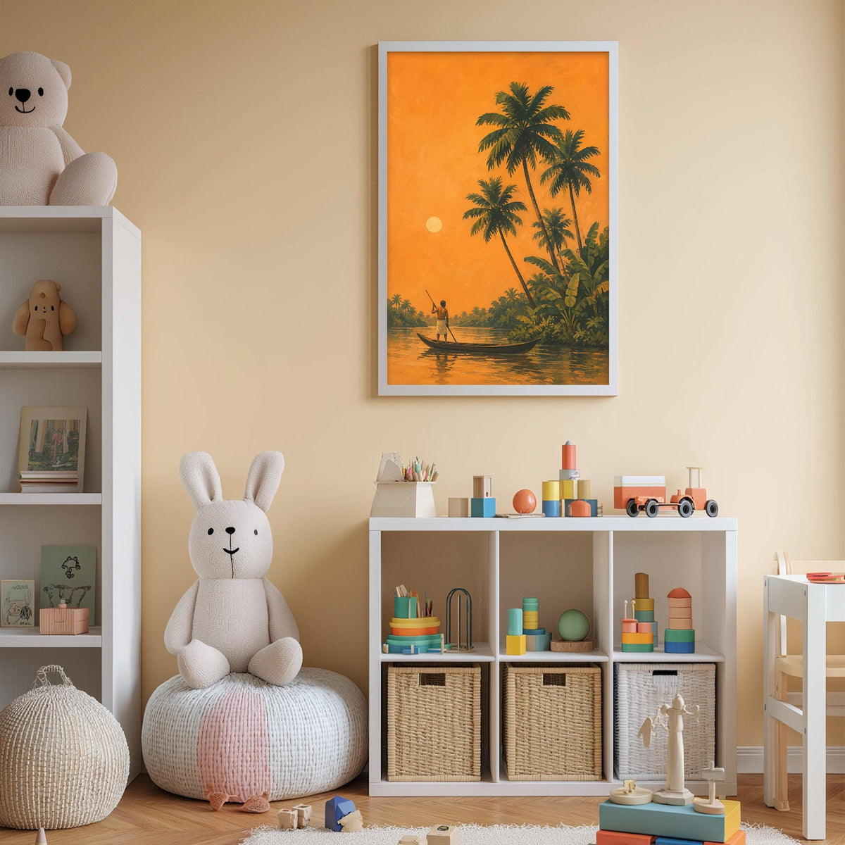 A cozy children's room with a large stuffed bunny, a bookshelf, and a toy chest filled with toys. The room has a warm, inviting atmosphere with a painting of a tropical beach scene hanging on the wall.