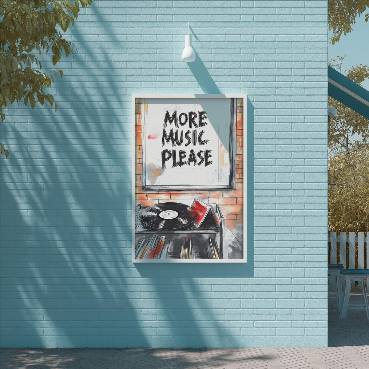 a poster with the text "MORE MUSIC PLEASE" displayed on a blue brick wall.
