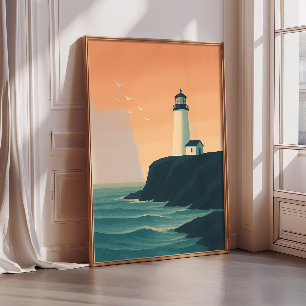 A framed painting depicting a lighthouse on a cliff overlooking the ocean, with a serene sunset sky in the background.