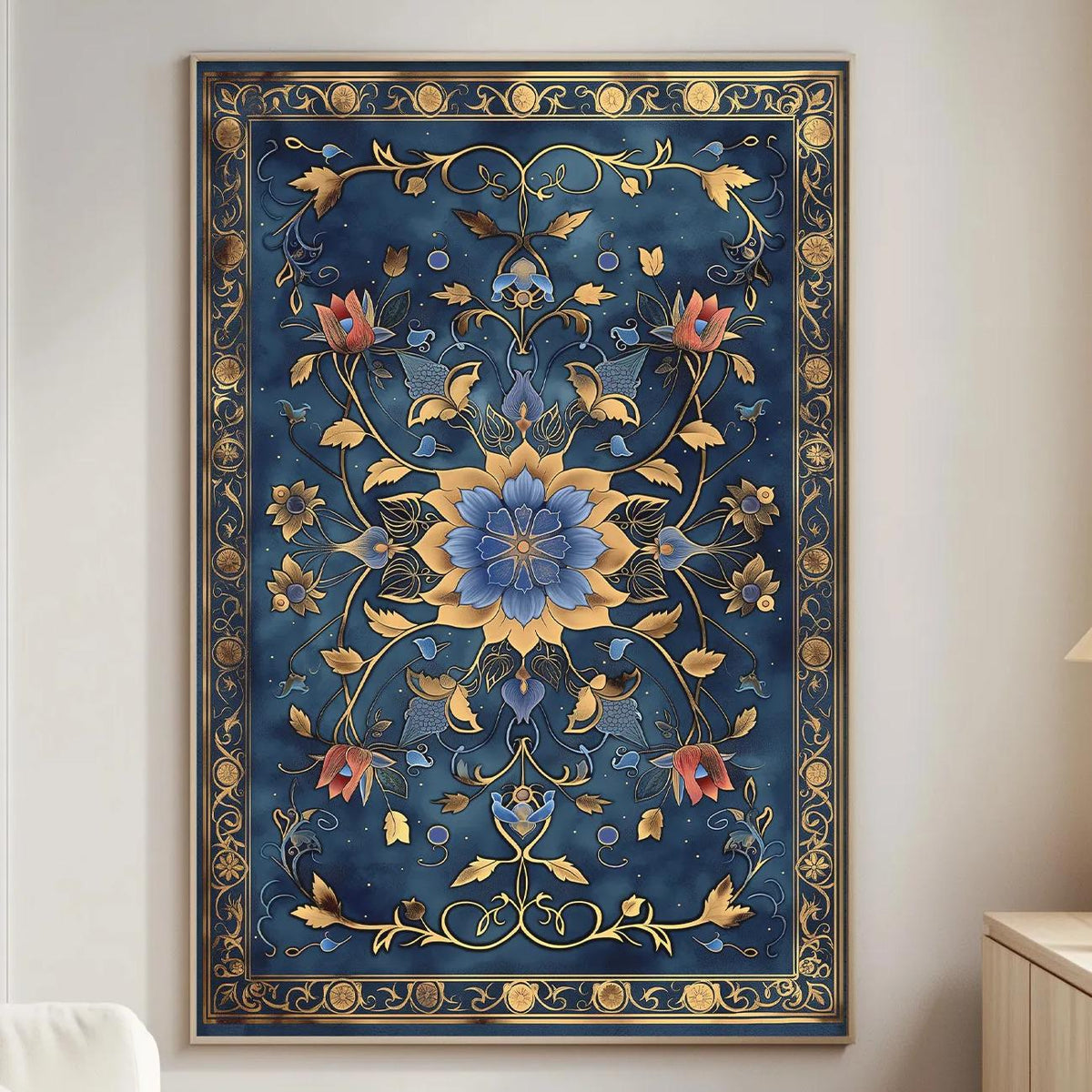 a large, ornate, and intricately designed blue and gold tapestry hanging on a wall in a living room. The tapestry is adorned with a floral pattern and appears to be a decorative piece. The room also includes a white sofa, a wooden side table, and a lamp, creating a cozy and elegant atmosphere.