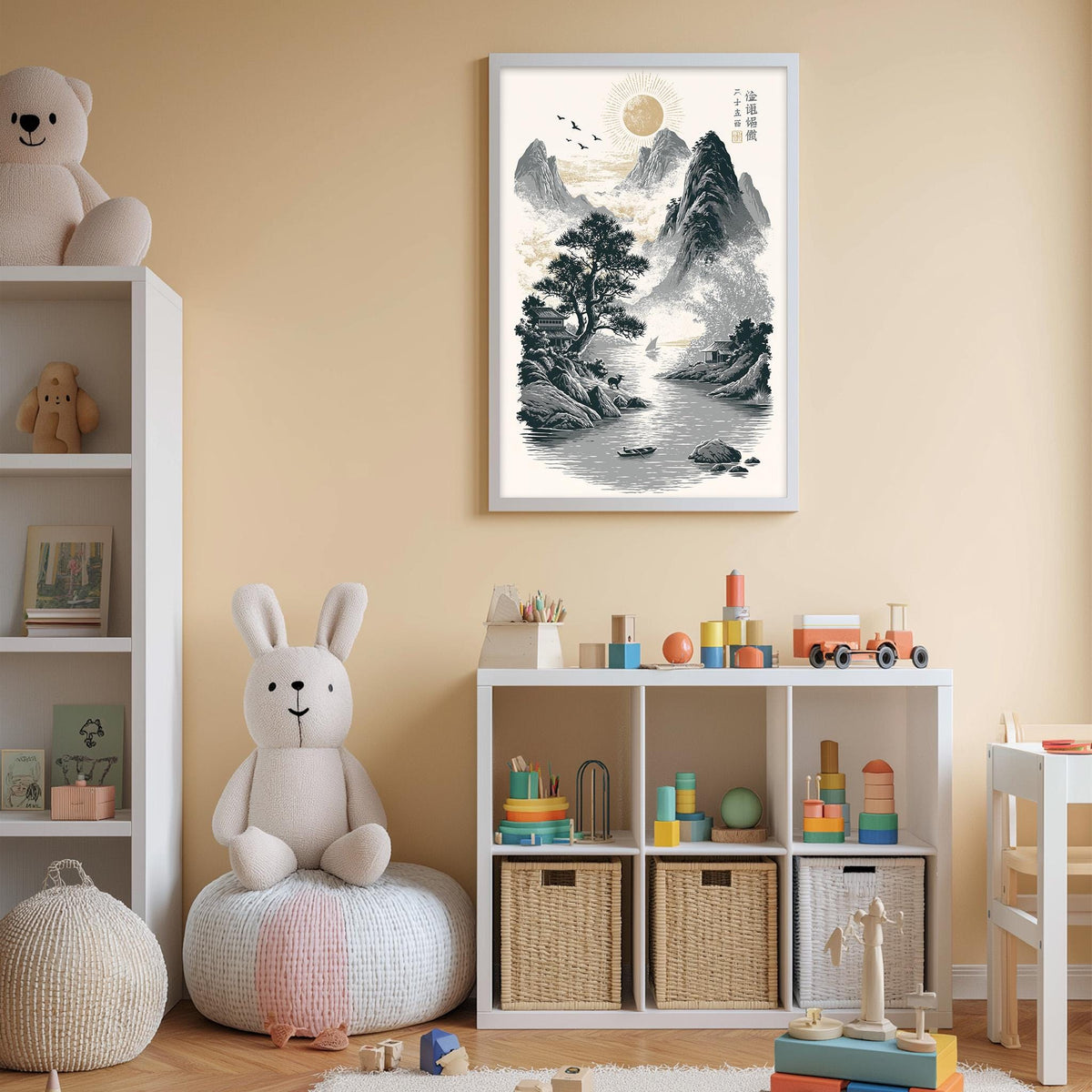 A cozy children's room with a teddy bear, a bookshelf, and a toy storage unit. The room has a warm, inviting atmosphere with a framed landscape painting hanging on the wall.
