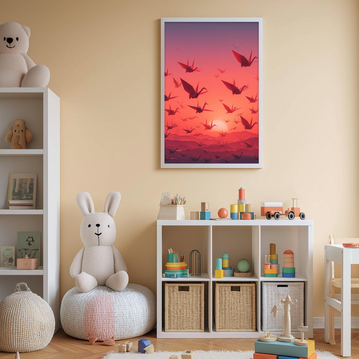 A cozy children's room with a large stuffed bunny, a bookshelf, and a colorful toy box filled with various toys. A framed poster of a flock of birds flying over a sunset is displayed on the wall above the toy box.