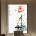a modern and minimalist office space with a large watercolor painting of a lotus flower on the wall. The room features a wooden desk, a comfortable-looking chair, and a bookshelf filled with books. The overall design and decor create a serene and professional atmosphere.