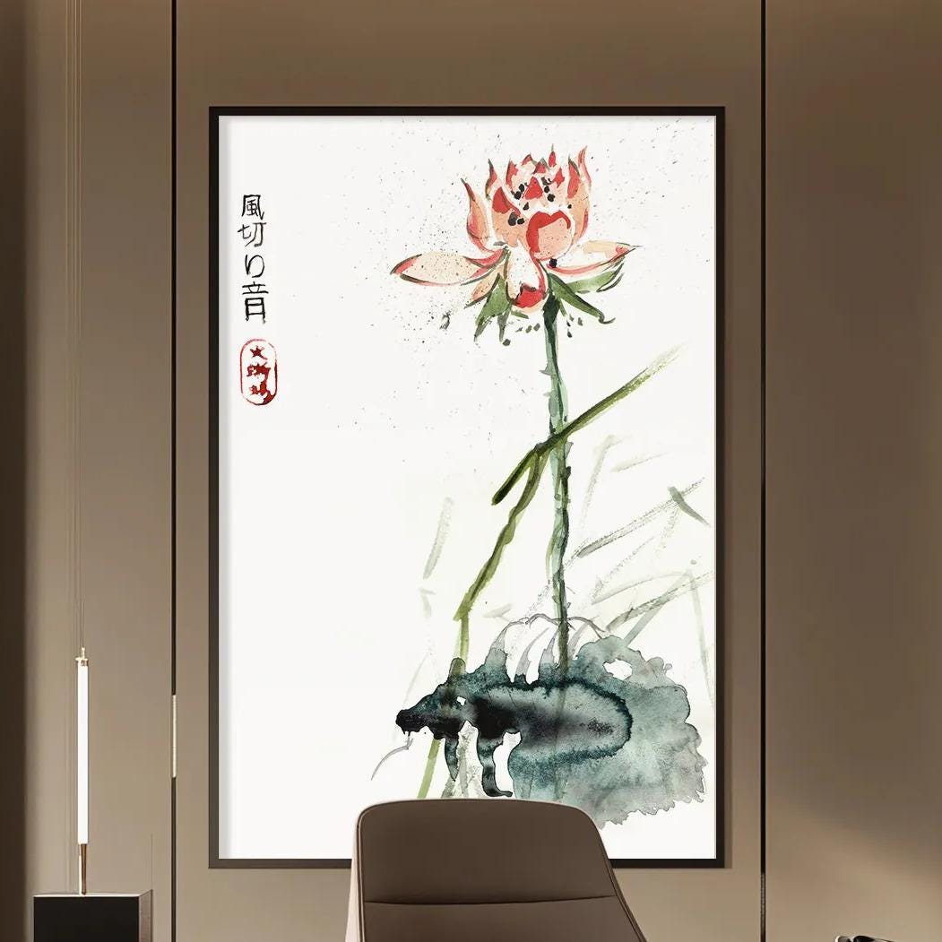 a modern and minimalist office space with a large watercolor painting of a lotus flower on the wall. The room features a wooden desk, a comfortable-looking chair, and a bookshelf filled with books. The overall design and decor create a serene and professional atmosphere.
