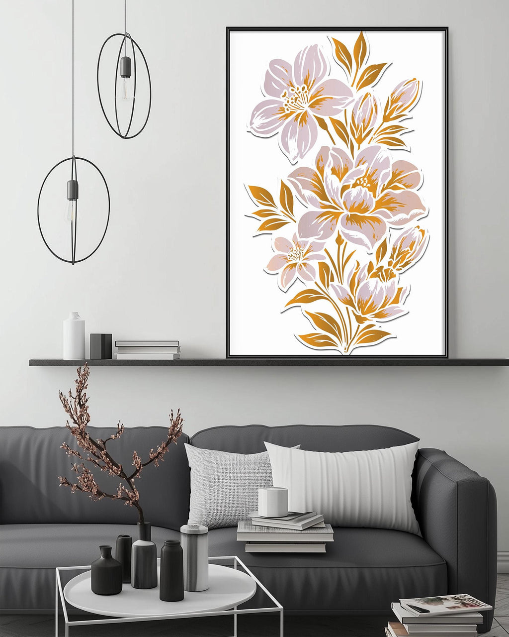 a modern living room with a gray sofa, a coffee table, and a large framed floral print hanging on the wall above the sofa.