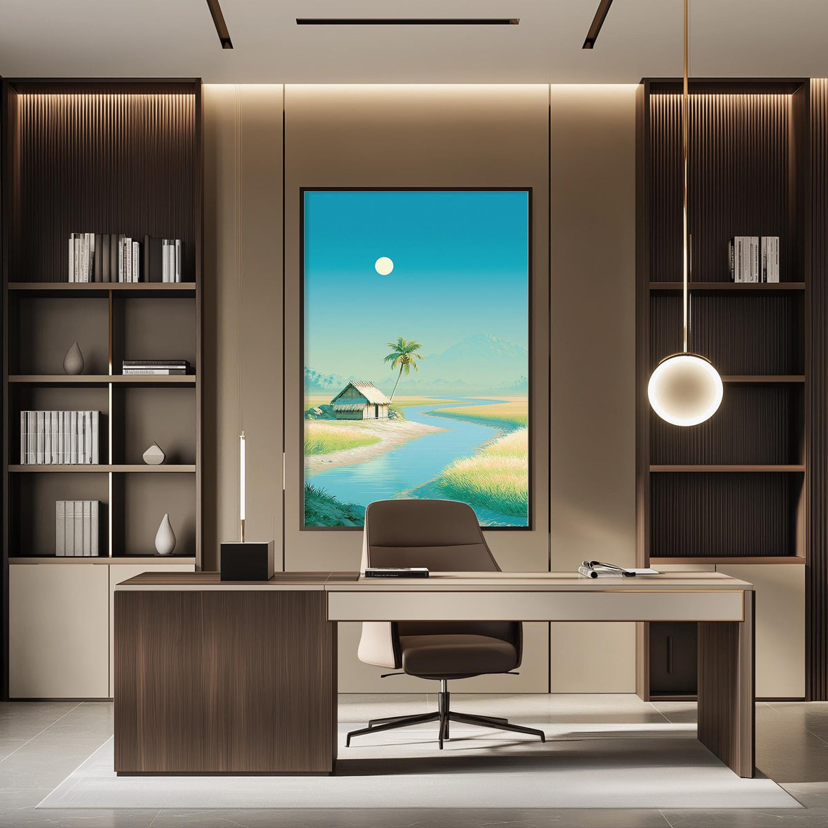 a modern and well-lit office space with a large window that offers a view of a tropical beach. The office features a wooden desk with a comfortable chair, and a large framed picture of a beach scene hangs on the wall.