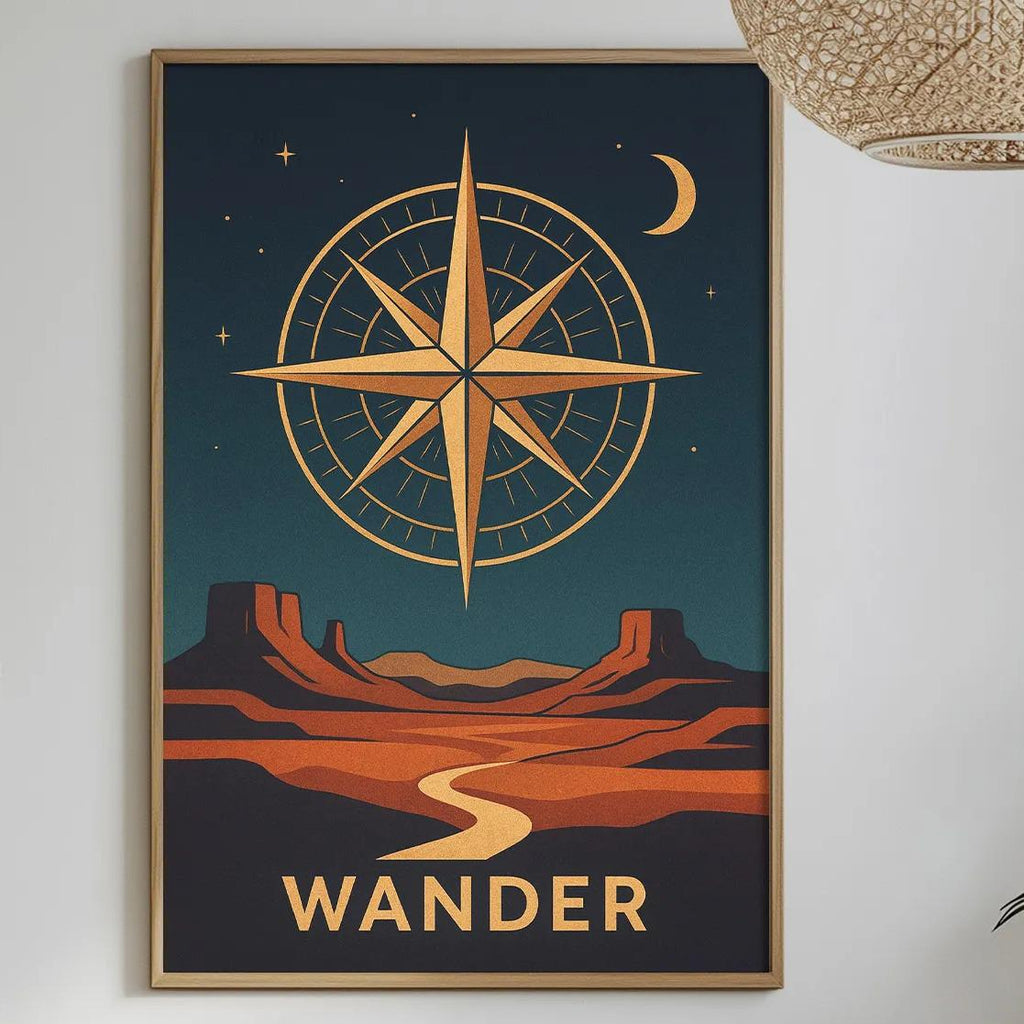 a framed poster of a desert landscape with a compass rose, hanging on a wall above a dining table with various decorative items and plants.