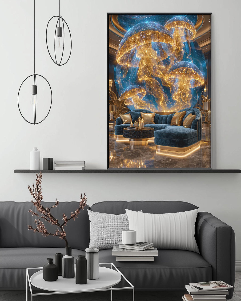 a large, vibrant painting of a luxurious living room with a plush couch, a coffee table, and a striking light fixture. The painting is hung on a wall above a gray sofa, creating a focal point in the room. The overall color scheme and design elements suggest a high-end, opulent interior.
