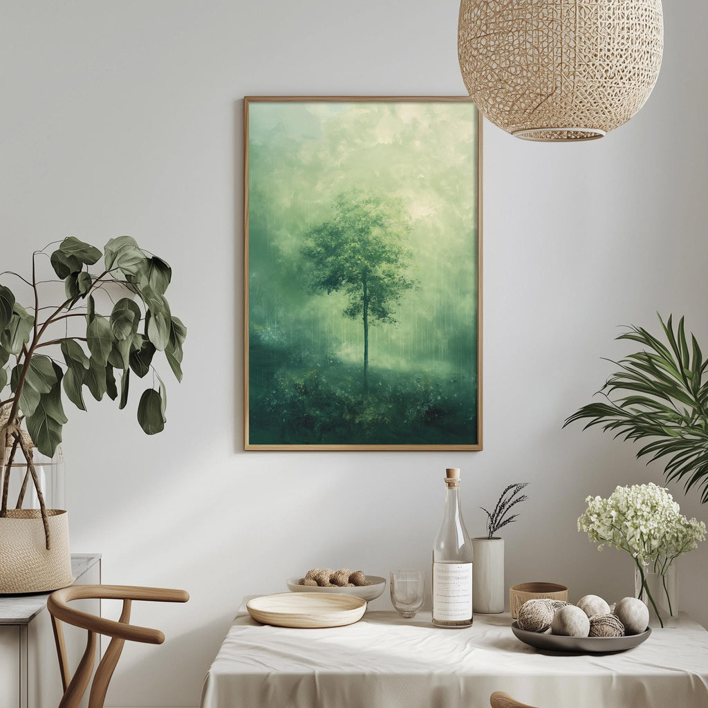 a serene indoor setting with a large framed picture of a tree hanging on the wall, a dining table with a bowl of fruit, a bottle, and a vase with flowers, and a potted plant on the left side of the room.