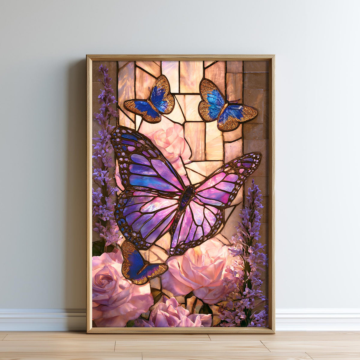 A framed stained glass artwork depicting a butterfly surrounded by pink roses and purple flowers.