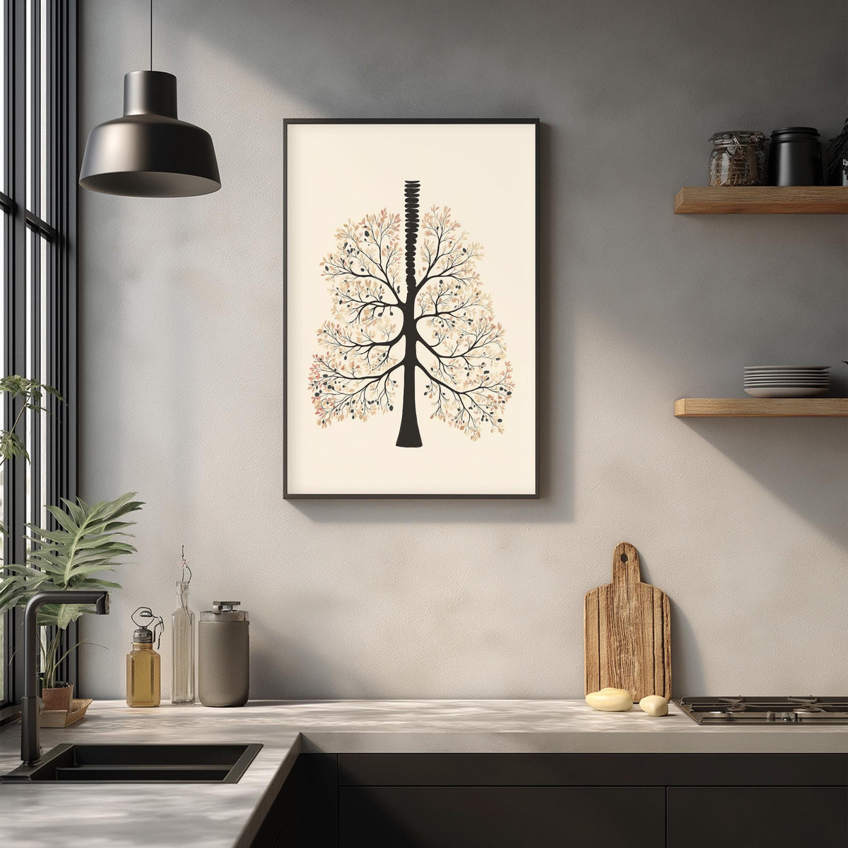 a kitchen counter with various kitchen items, including a cutting board, a bottle, and a vase. Above the counter, there is a framed image of a tree with a unique design.