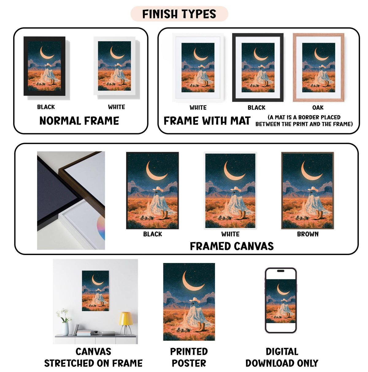 various finish types for a framed artwork, including black, white, black, oak, white, framed canvas, white, brown, and digital download only.