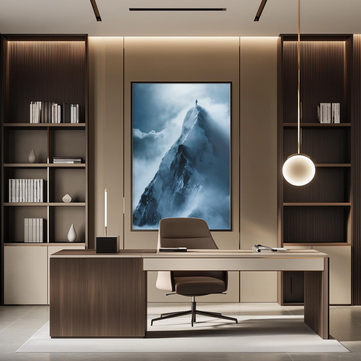 a modern office space with a large framed picture of a mountain landscape hanging on the wall above a desk with a chair.