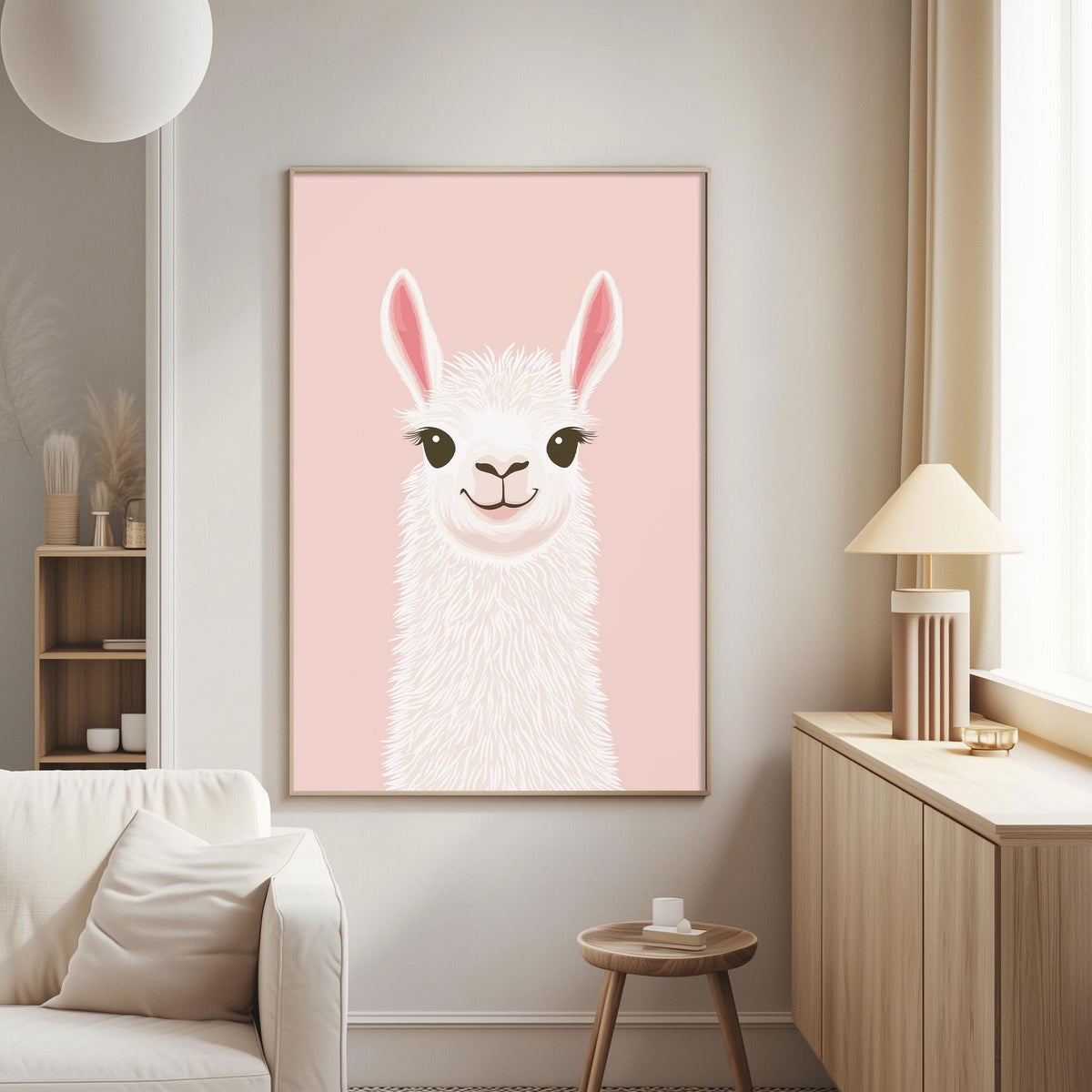 a cozy living room with a large, cheerful llama poster on the wall. The poster is a light pink color and depicts a smiling llama with large ears and a fluffy white coat. The room is furnished with a white couch, a wooden side table, and a lamp on a nearby table. The overall atmosphere of the room is warm and inviting, with the llama poster adding a touch of whimsy and color to the space.