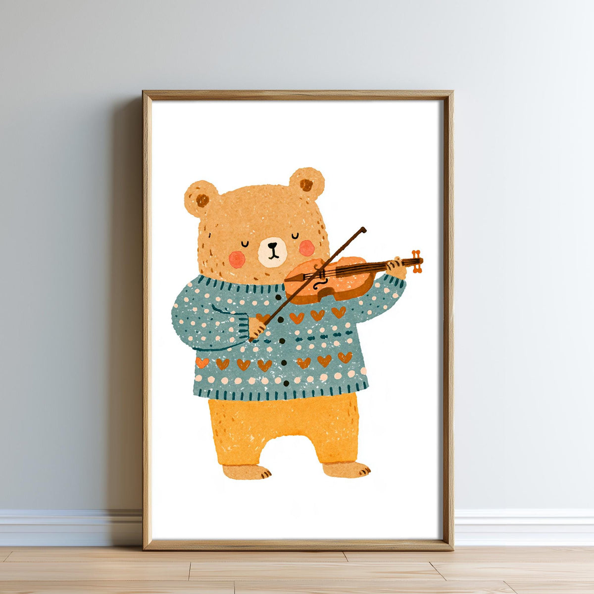 A framed illustration of a bear playing a violin.