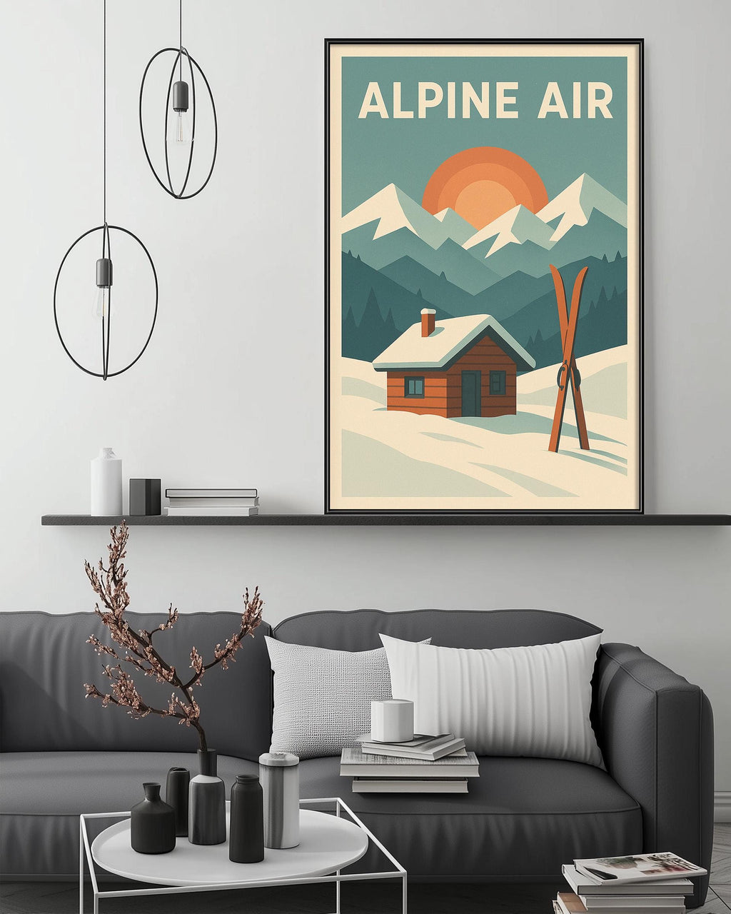 a cozy living room with a gray couch, a coffee table, and a framed poster of a snowy mountain landscape with a cabin and skis.