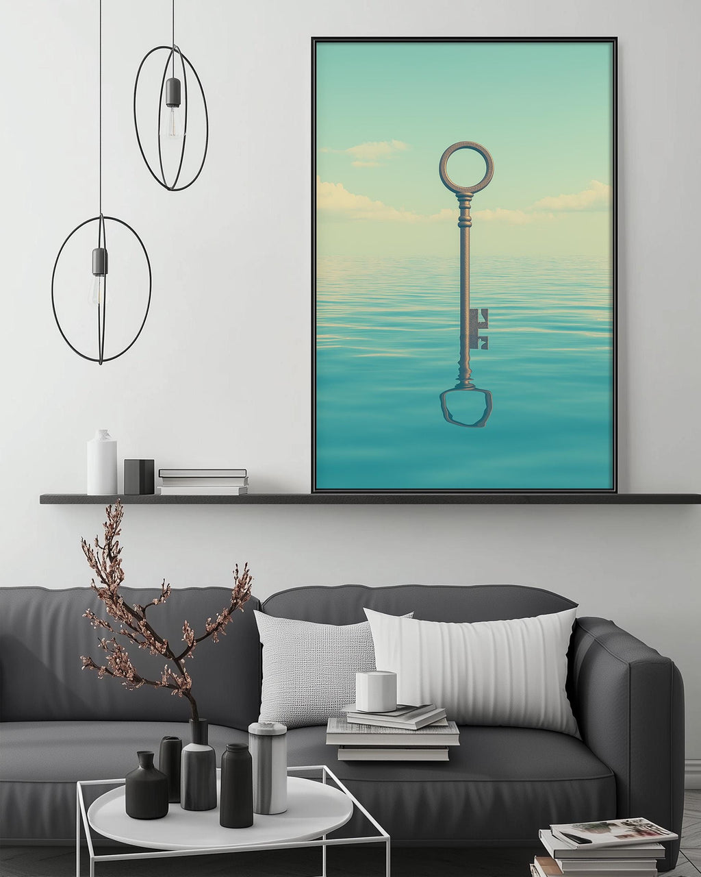 a modern living room with a gray sofa, a coffee table, and a large framed artwork depicting a key floating in a serene body of water.