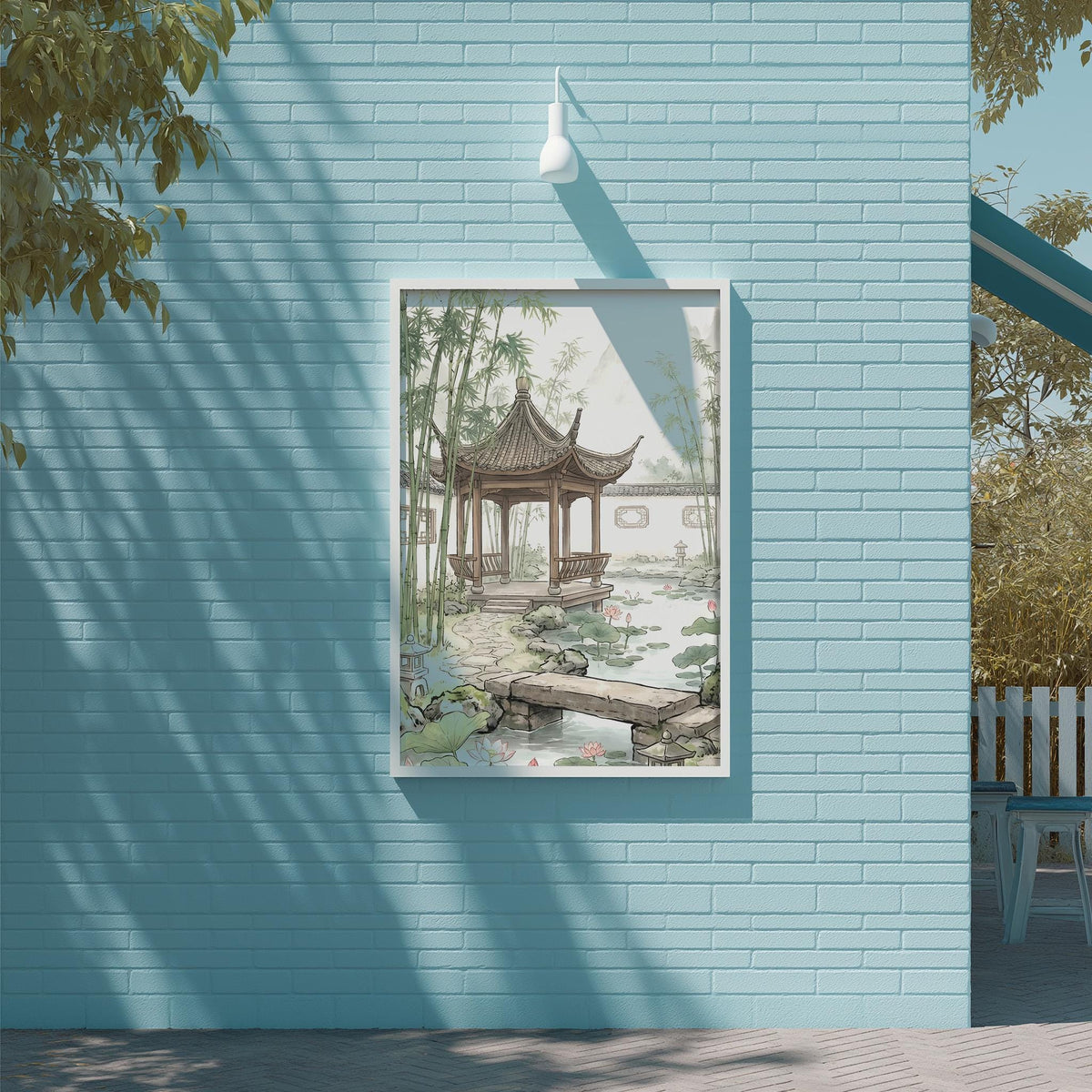 a serene scene of a traditional Chinese pavilion surrounded by a tranquil pond, with lush greenery in the background.