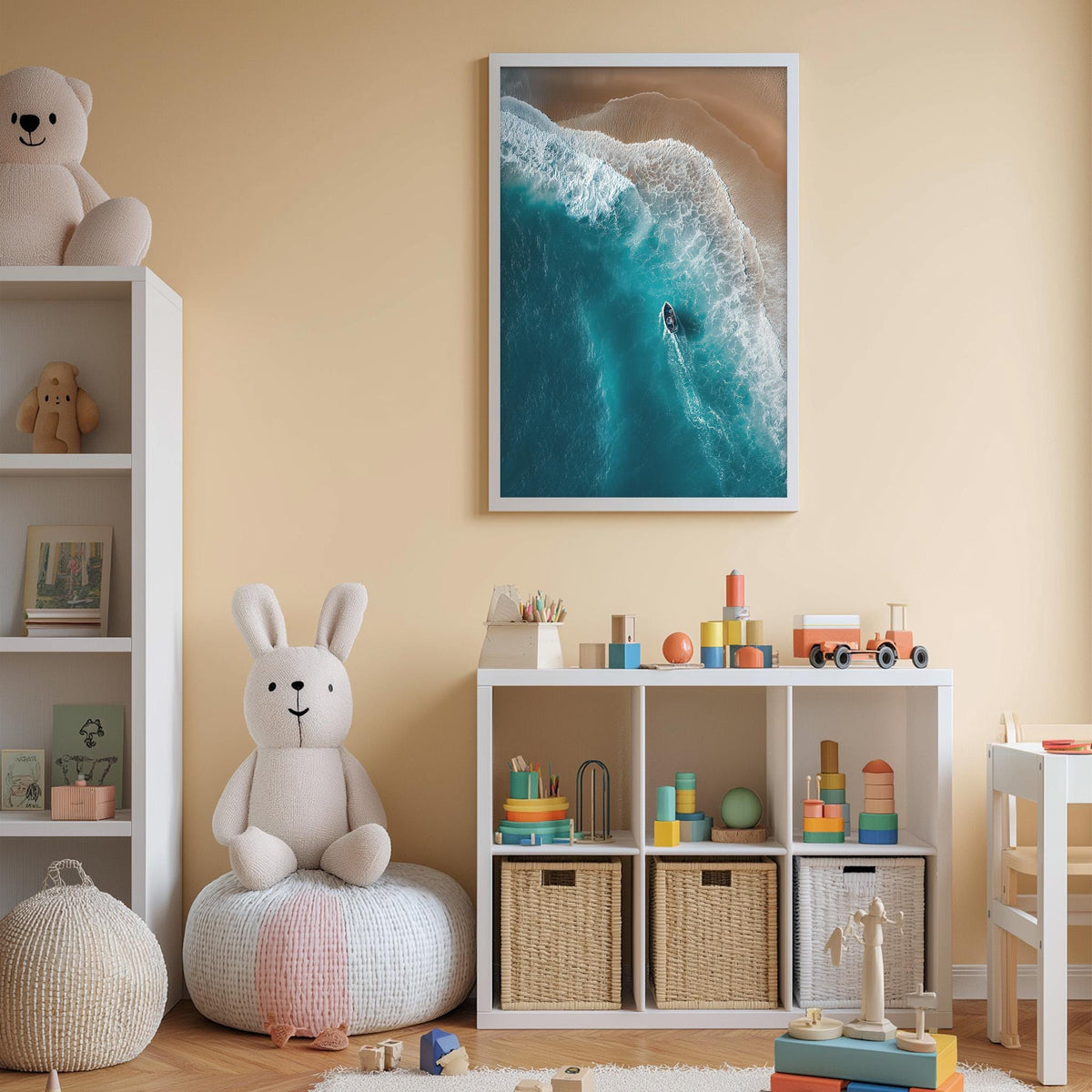 A cozy children's room with a large stuffed bunny, a bookshelf, and a toy chest filled with toys. The room has a warm, inviting atmosphere with a framed picture of a beach scene hanging on the wall.