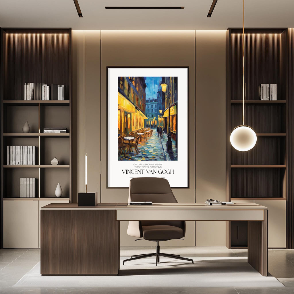 a modern office space with a large framed painting of a street scene hanging on the wall above a desk with a chair.